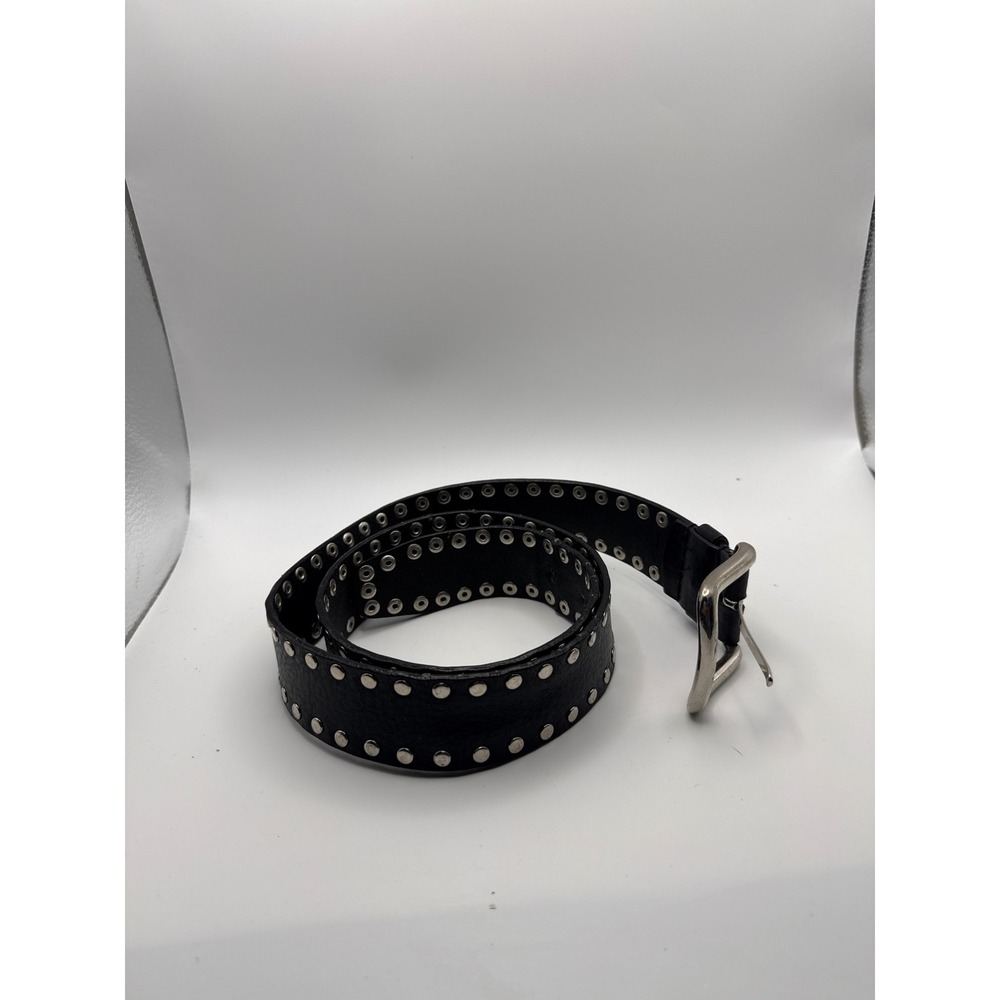 Y2K Guess Black Studded Grommet Belt Silver Tone Buckle Faux Leather Edgy 38"